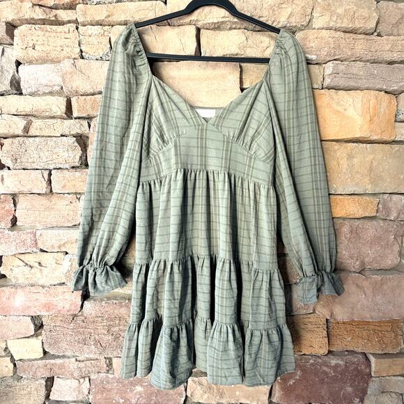 NEW Altar'd State M Peasant Boho Sage Green Tiered Puff Sleeve Womens Mini Dress - Picture 1 of 11